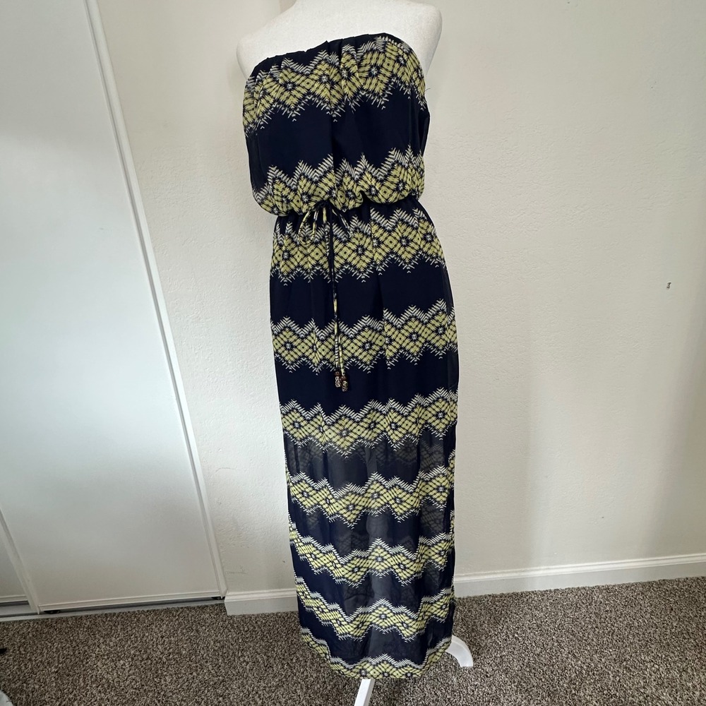 City Triangles Strapless‎ Maxi Dress Womens M Blue Yellow Festival Boho Tribal